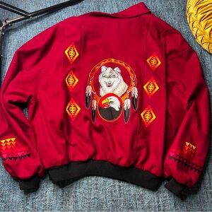 Vintage Wool Wolf Eagle Embroidered Aztec Snap Button Bomber Jacket in Red